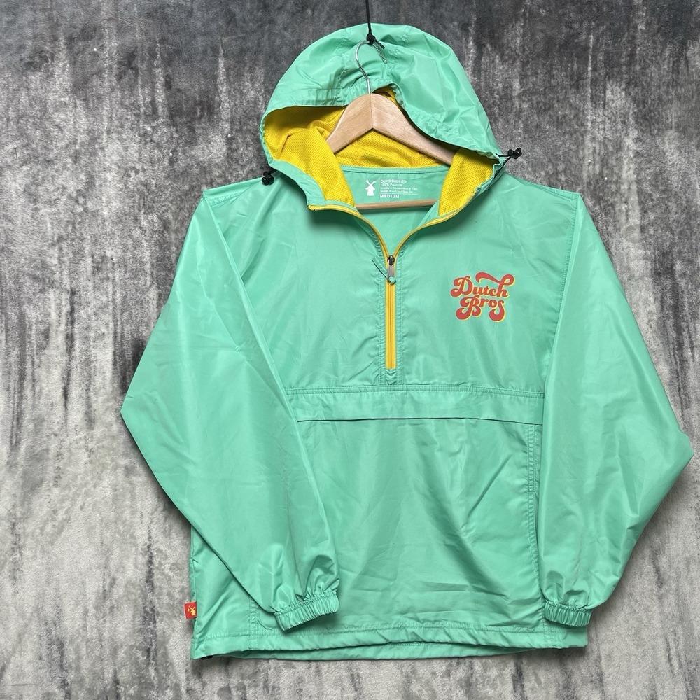 Dutch Bros‎ Hoodie Mens Medium Pullover Logo Windbreaker Pouch Green Yellow